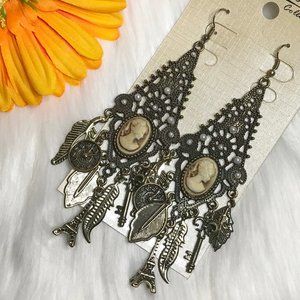 Long Boho Earrings Goldtone Victorian Lady Cameo